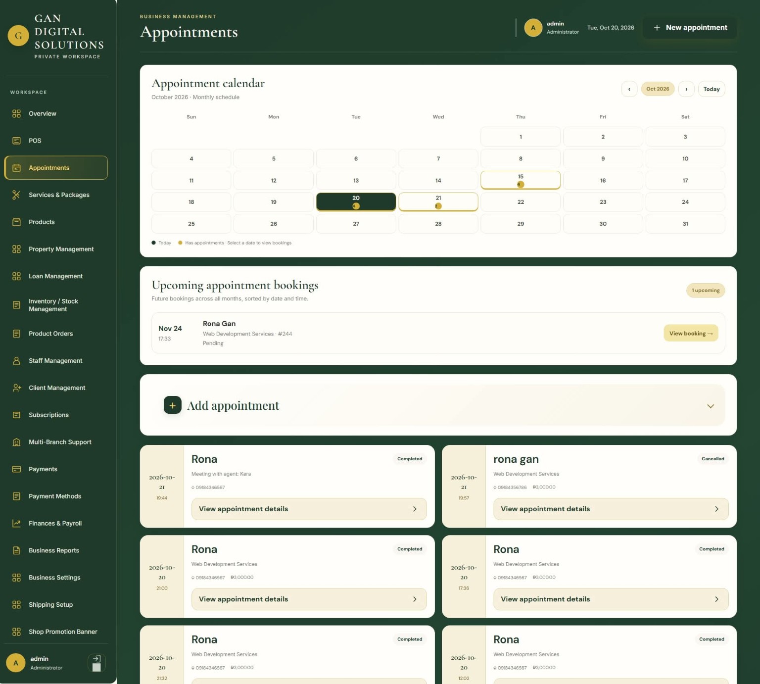 Appointment dashboard with monthly calendar, upcoming bookings, and appointment cards