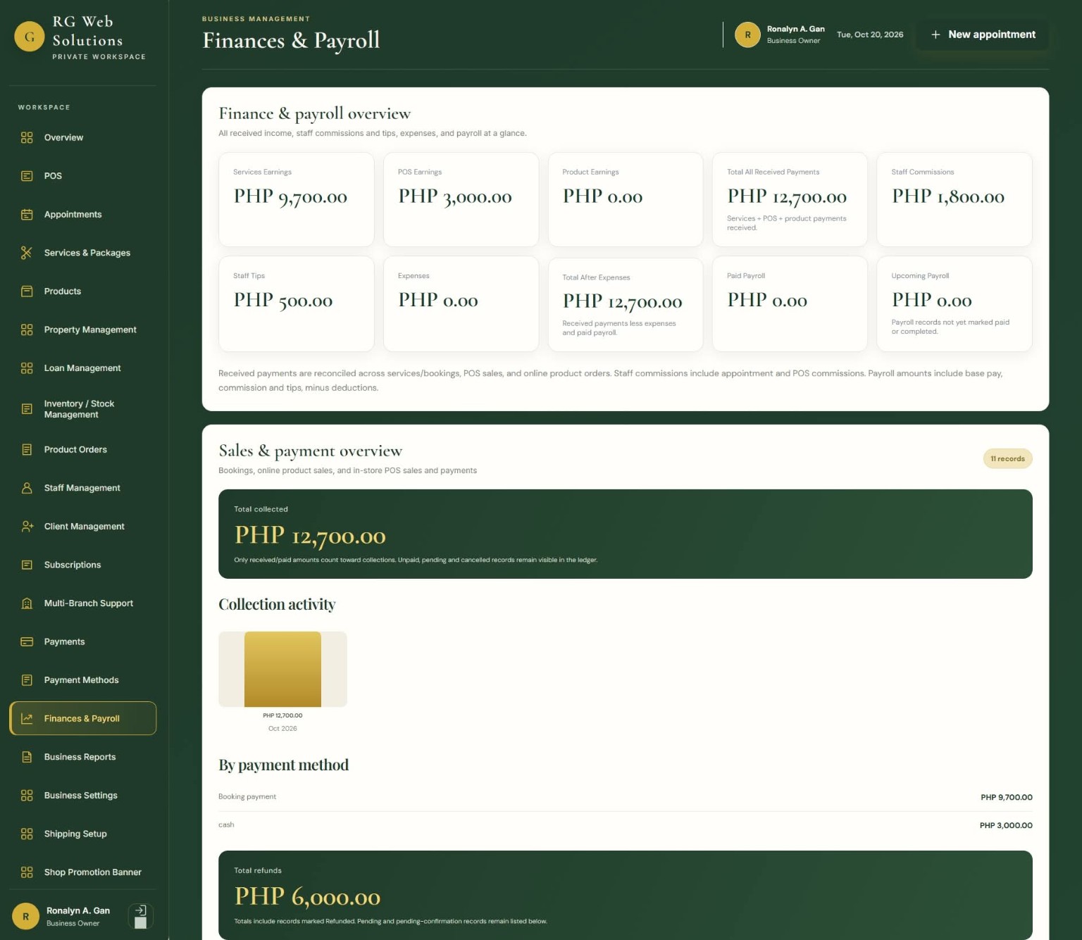 Finance and payroll dashboard showing earnings, received payments, commissions, expenses, and collection activity