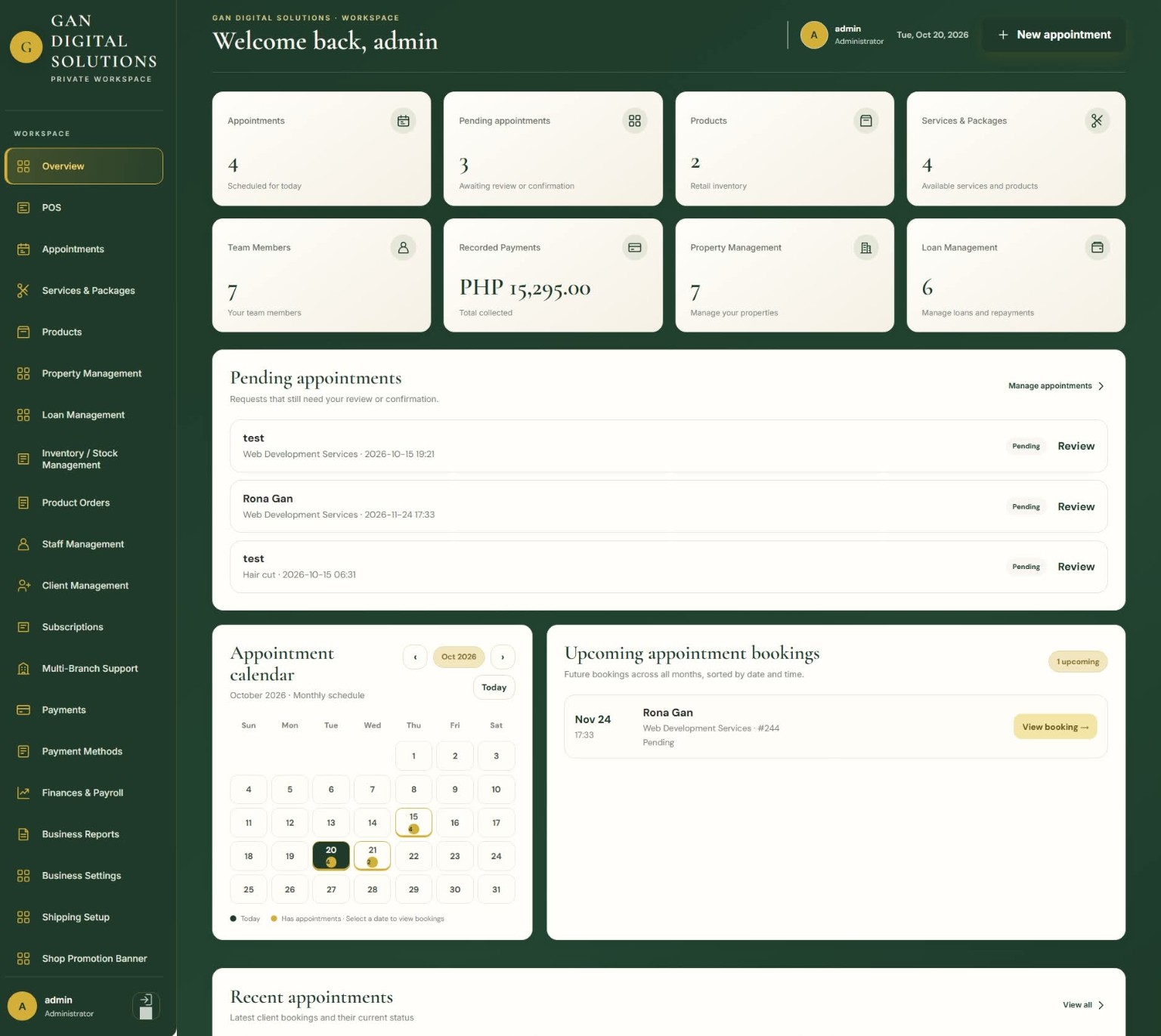 Catering & Events business workspace dashboard with appointment calendar and business overview