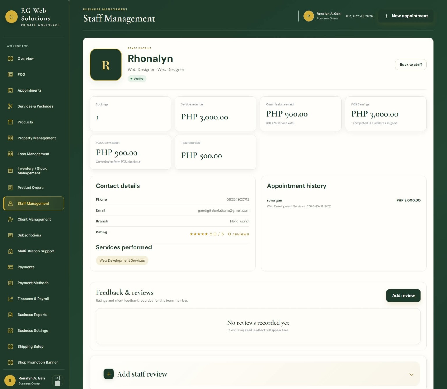 Staff management dashboard with staff profile, earnings, commissions, contact details, and appointment history