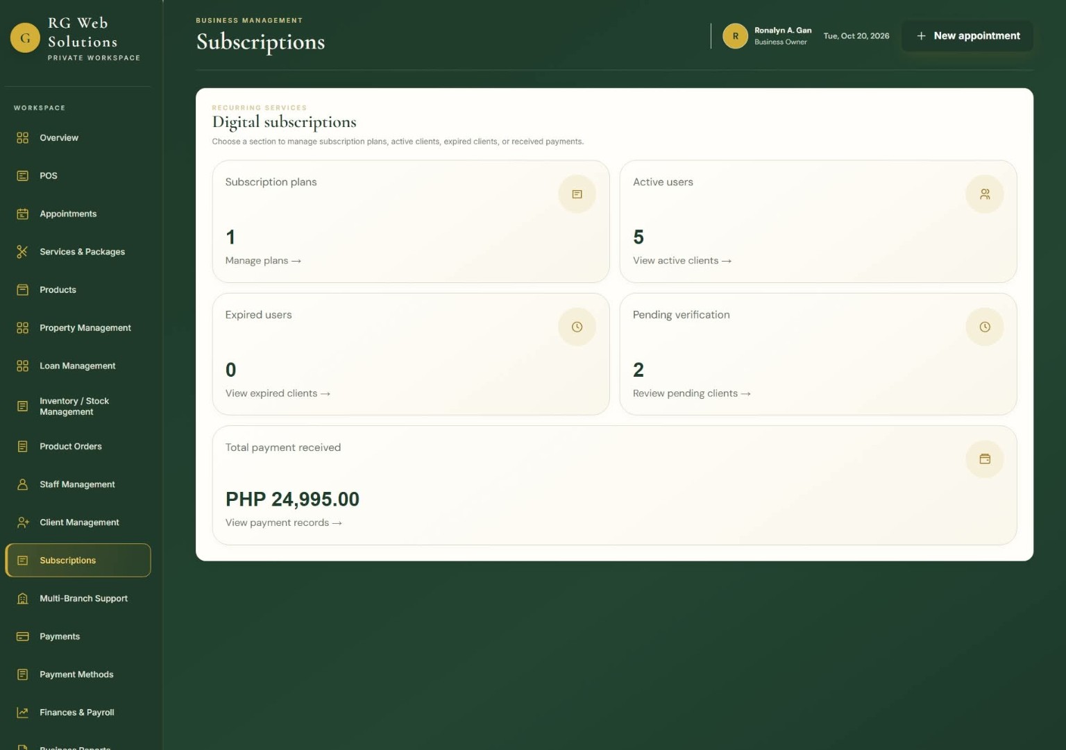 Subscription management dashboard with plans, active users, expired users, pending verification, and payments received